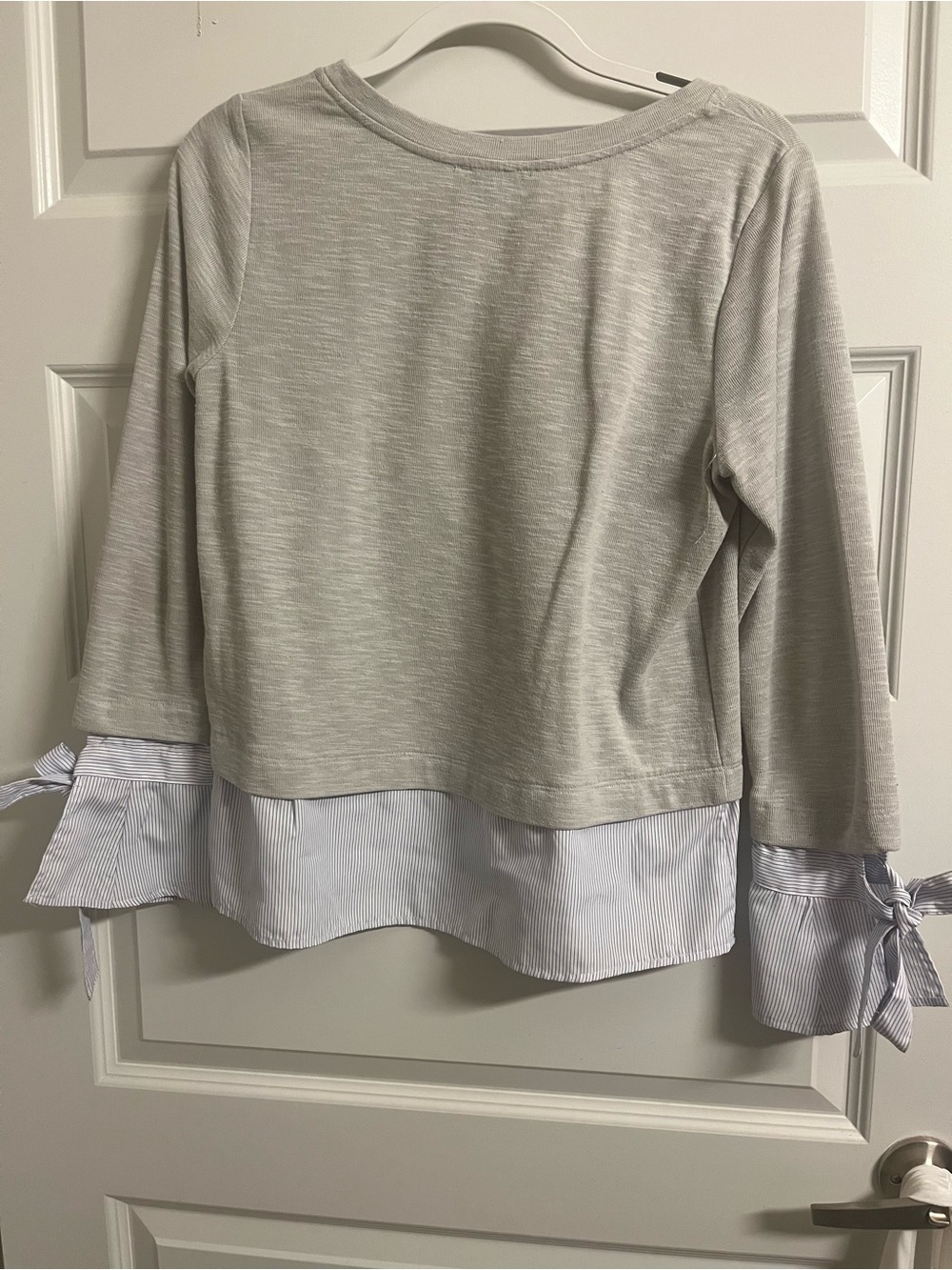 Layered Long-Sleeve Top with Stripe Hem and Tie Cuffs - Light Gray - Picture 3 of 3